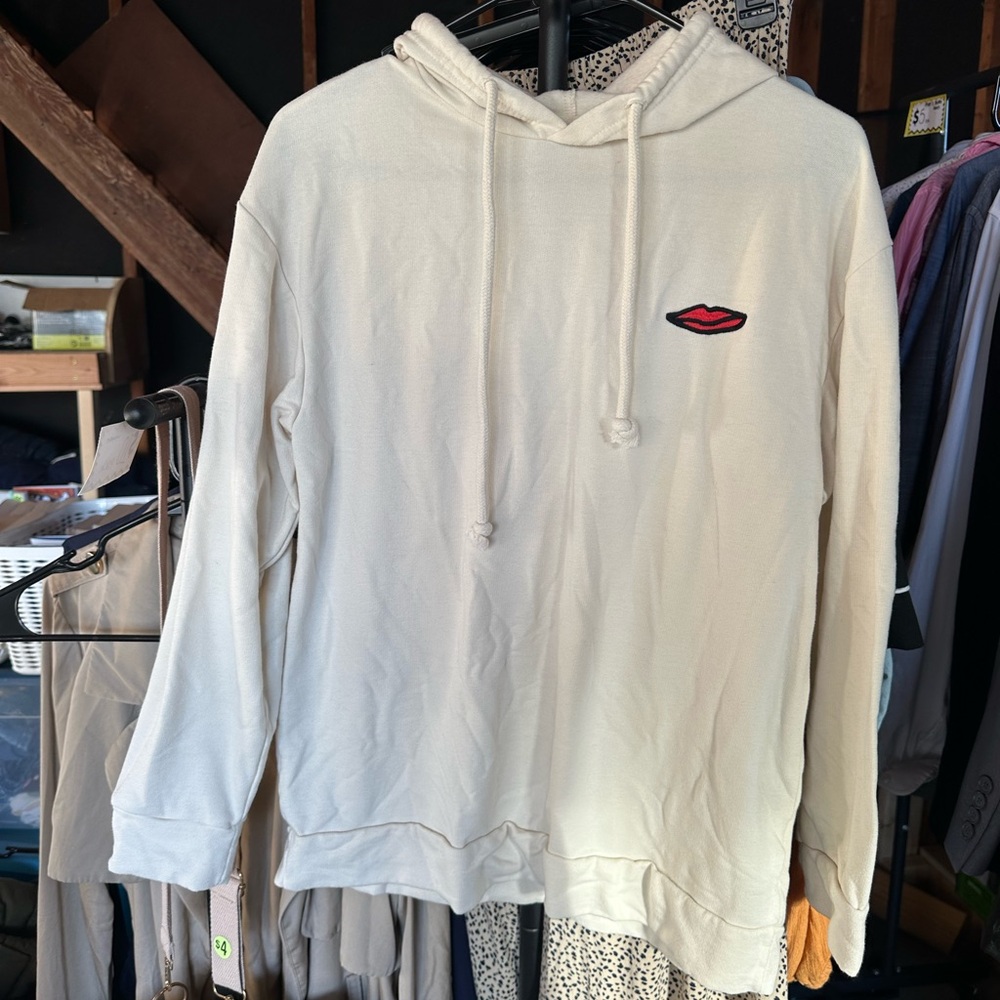 Cream Hoodie with Red Lips Patch